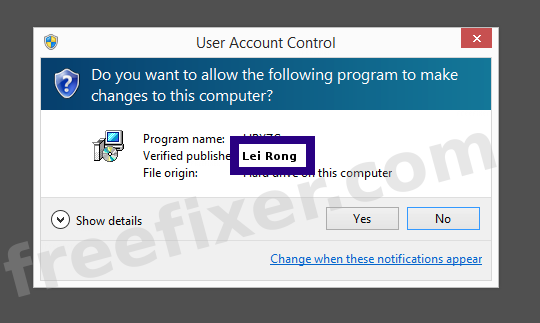 Screenshot where Lei Rong appears as the verified publisher in the UAC dialog